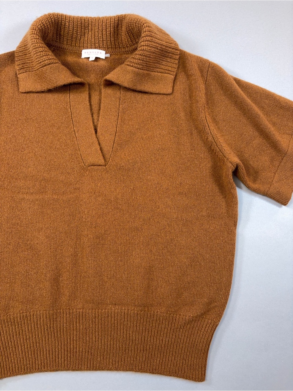 100% Cashmere Demylee New York Short Sleeve Polo Sweater Caramel Brown Autumn